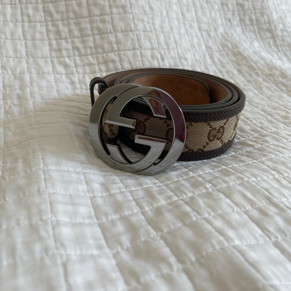 ❌SOLD❌💯Authentic Gucci Canvas Leather Silver Interlocking Buckle belt size 38 - Picture 3 of 15